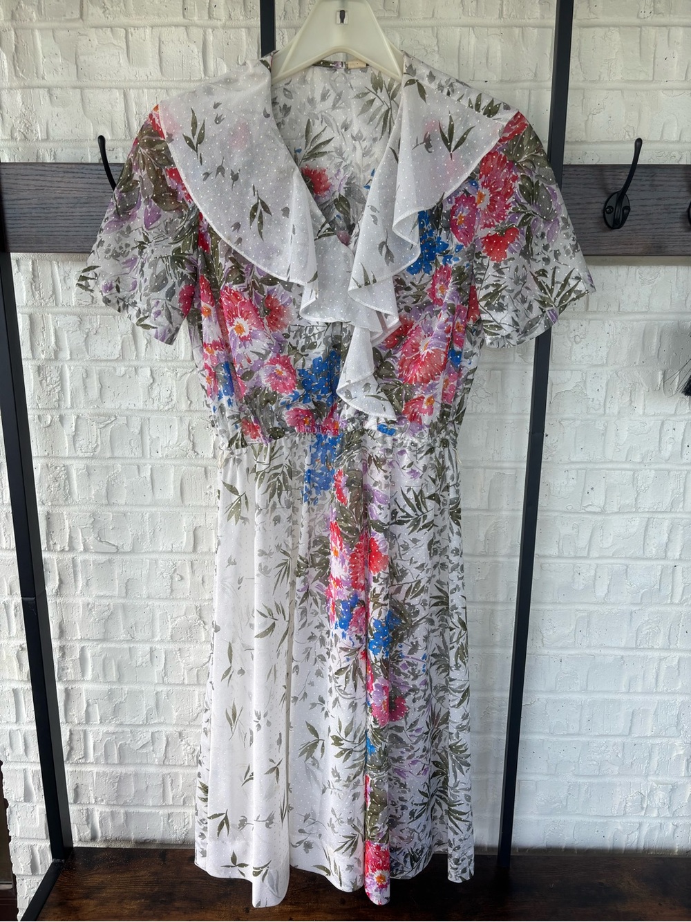 Floral Ruffle V-Neck Midi Dress in White with Pink & Blue Blooms